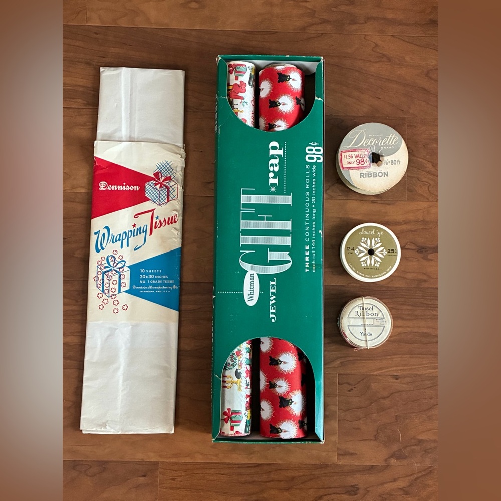 Vintage Christmas Gift Wrap Tissue Ribbon Rolls Craft Ephemera Lot MCM